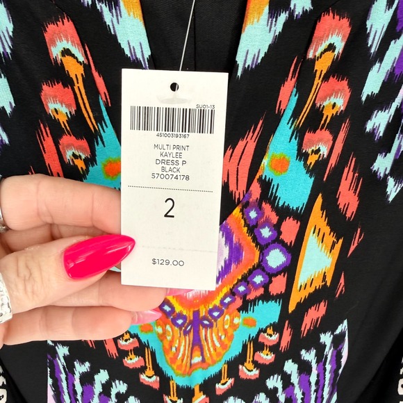 Chicos Kaylee Black Purple Multi Print Shift Dress Lg 3/4 Sleeve V Neck NWT - Picture 3 of 11